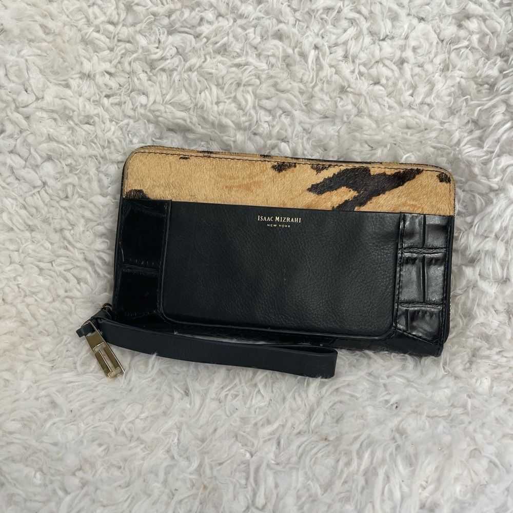 Isaac Mizrahi leather Black croc print and calf hair leopard print wristlet